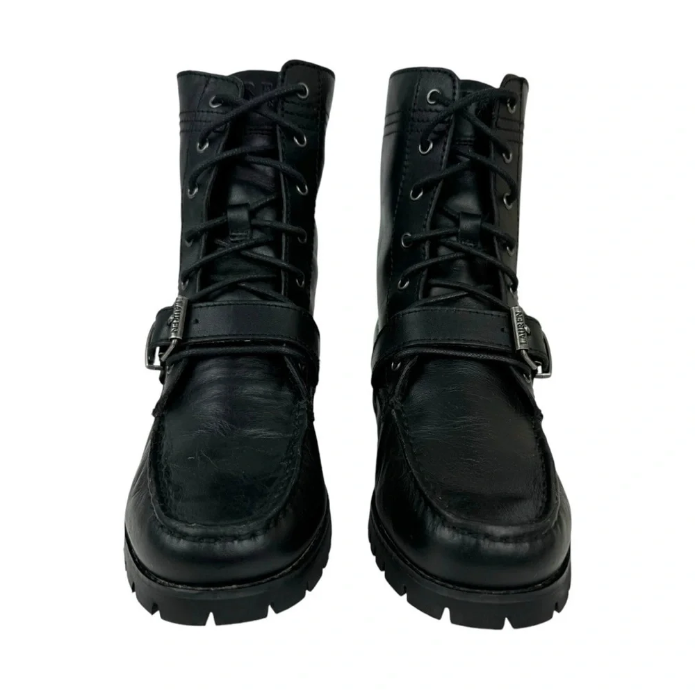 Lauren Ralph Lauren Zera Leather Lace Up Ankle Boots Black Buckle Womens Size 7B